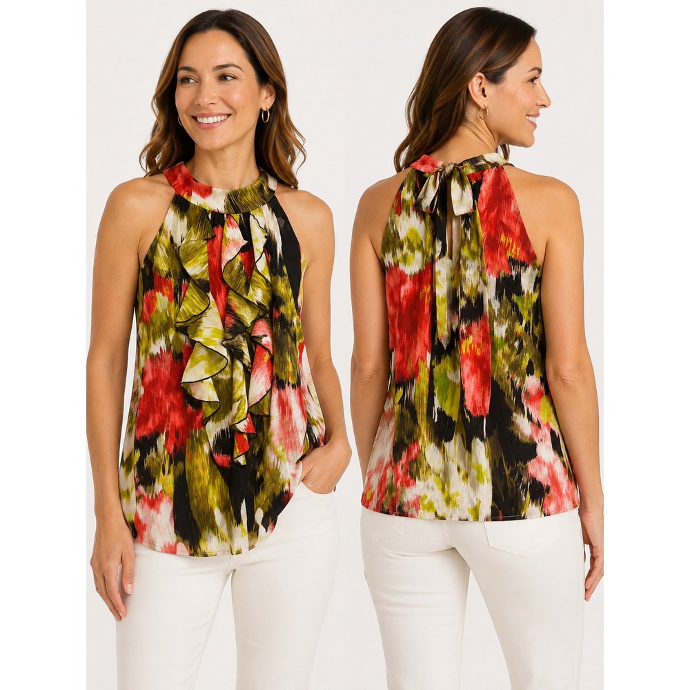 IN San Francisco Womens M Halter Top Y2K Ruffle Floral Coquette Cottagecore Boho